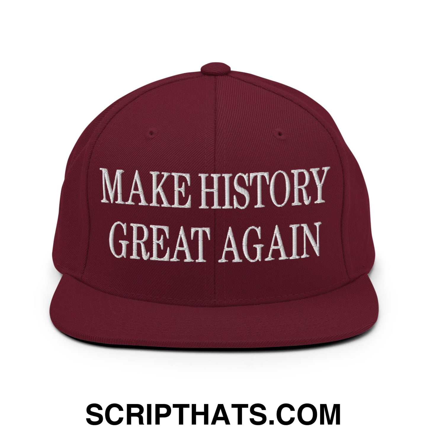 Maroon embroidered flat bill brim snapback hat with white make history great again text for casual wear