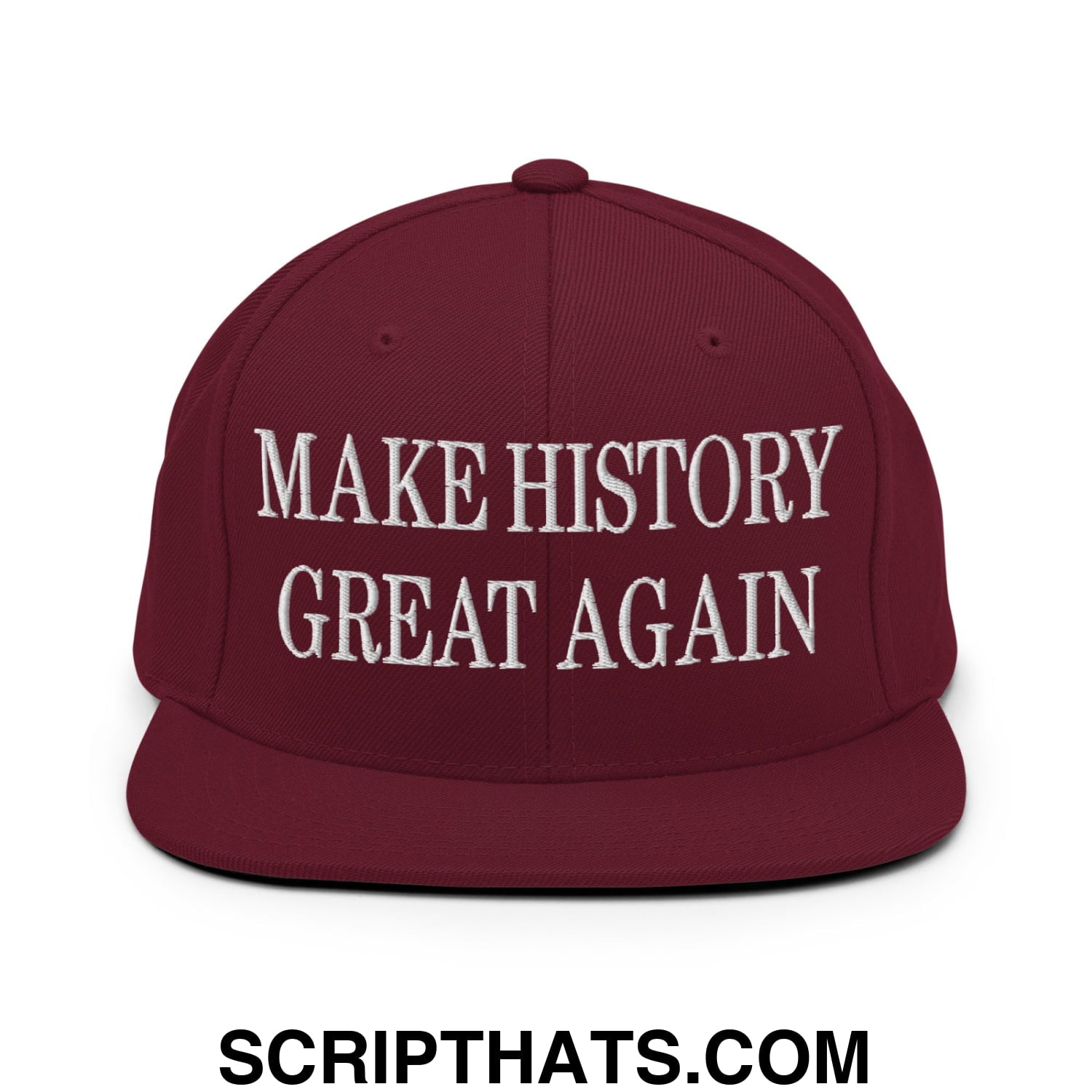 Maroon embroidered flat bill brim snapback hat with white make history great again text for casual wear