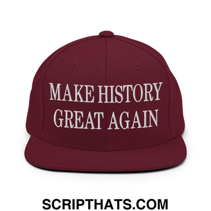 Maroon embroidered flat bill brim snapback hat with white make history great again text for casual wear