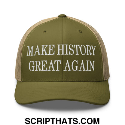 Olive green and beige mesh trucker hat with white embroidered make history great again text front panel
