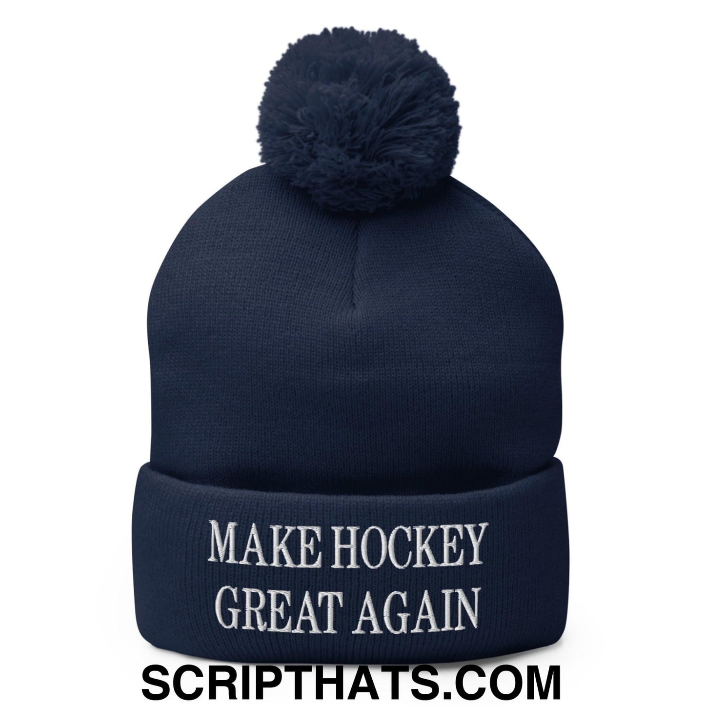 Make Hockey Great Again Embroidered Knit Pom Pom Beanie Navy