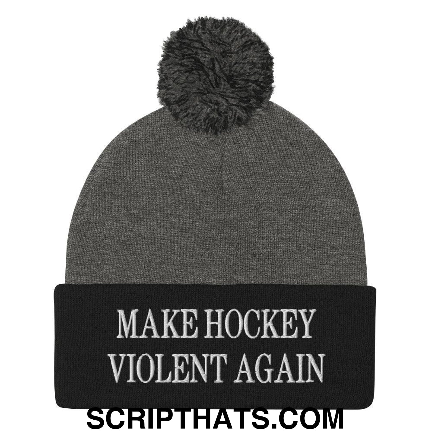 Make Hockey Violent Again Embroidered Knit Pom Pom Beanie Dark Heather Grey Black