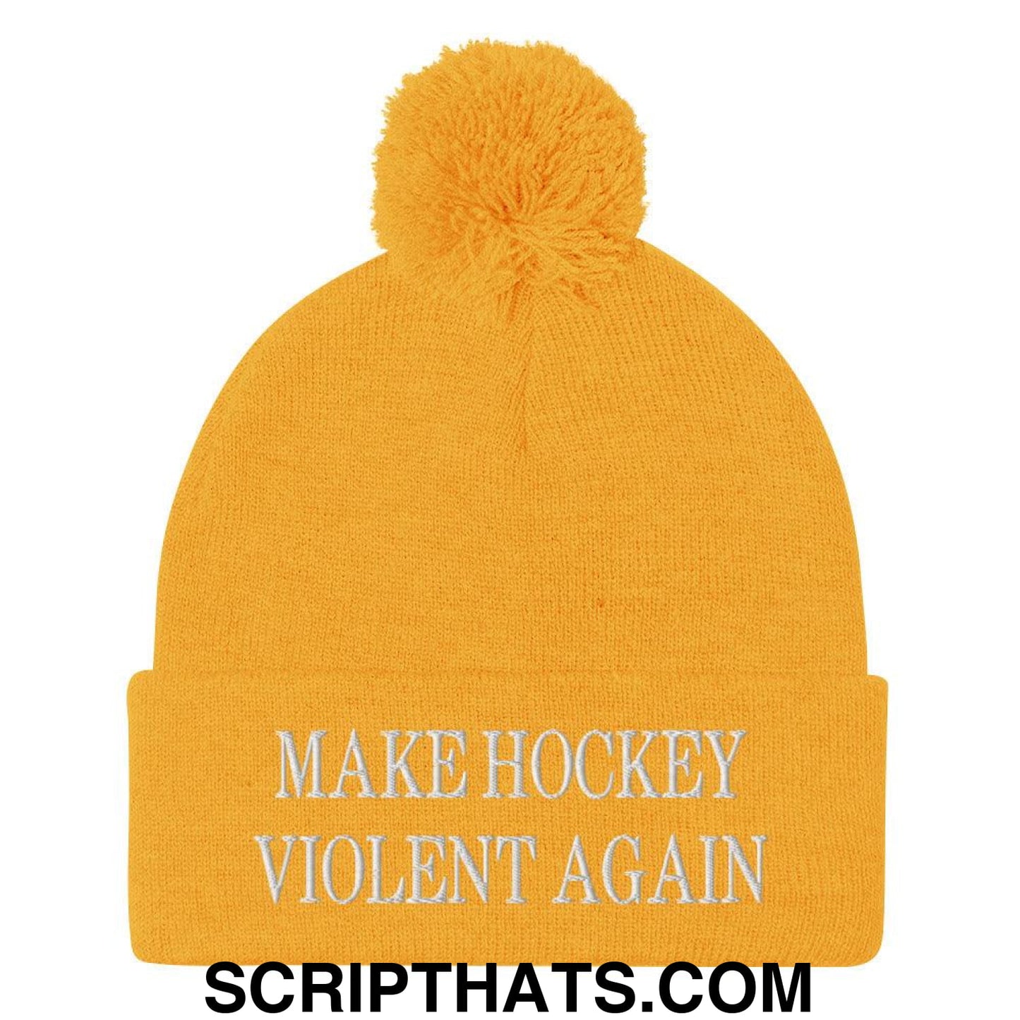 Make Hockey Violent Again Embroidered Knit Pom Pom Beanie Gold
