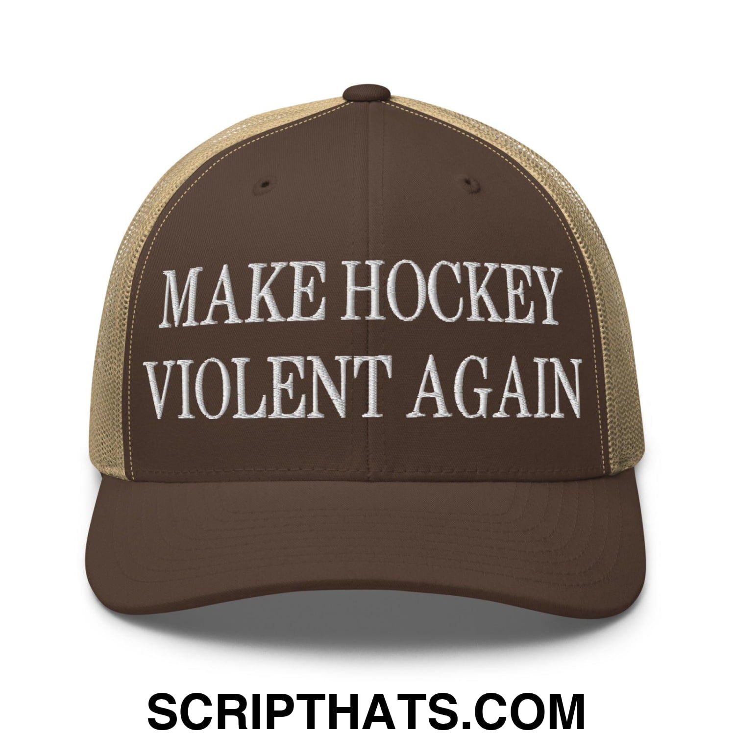 Make Hockey Violent Again Embroidered Mesh Trucker Hat Brown Khaki