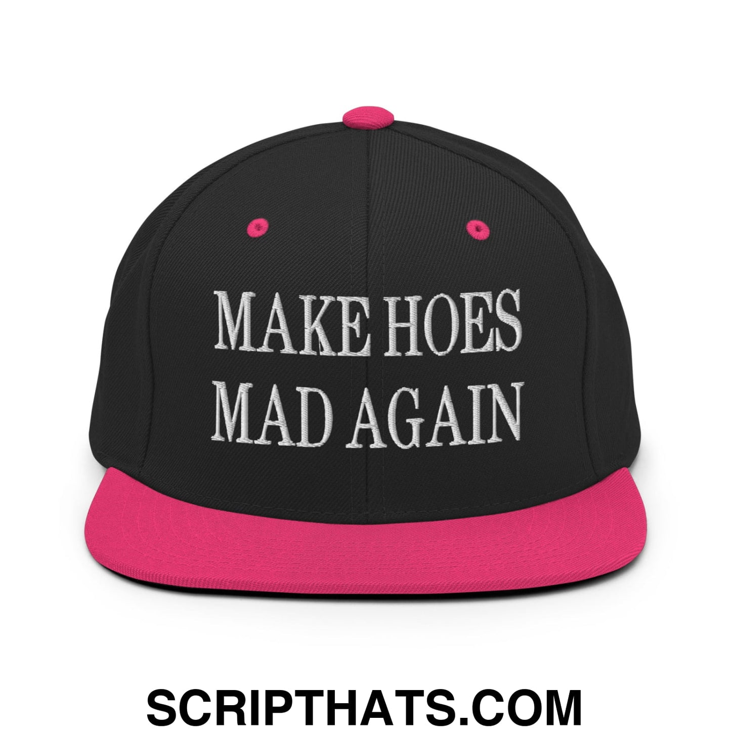 Black snapback cap with vibrant pink brim and button featuring white embroidered make hoes mad again text
