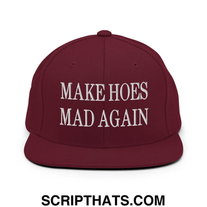 Maroon flat bill brim snapback hat with white embroidered text make hoes mad again for casual wear
