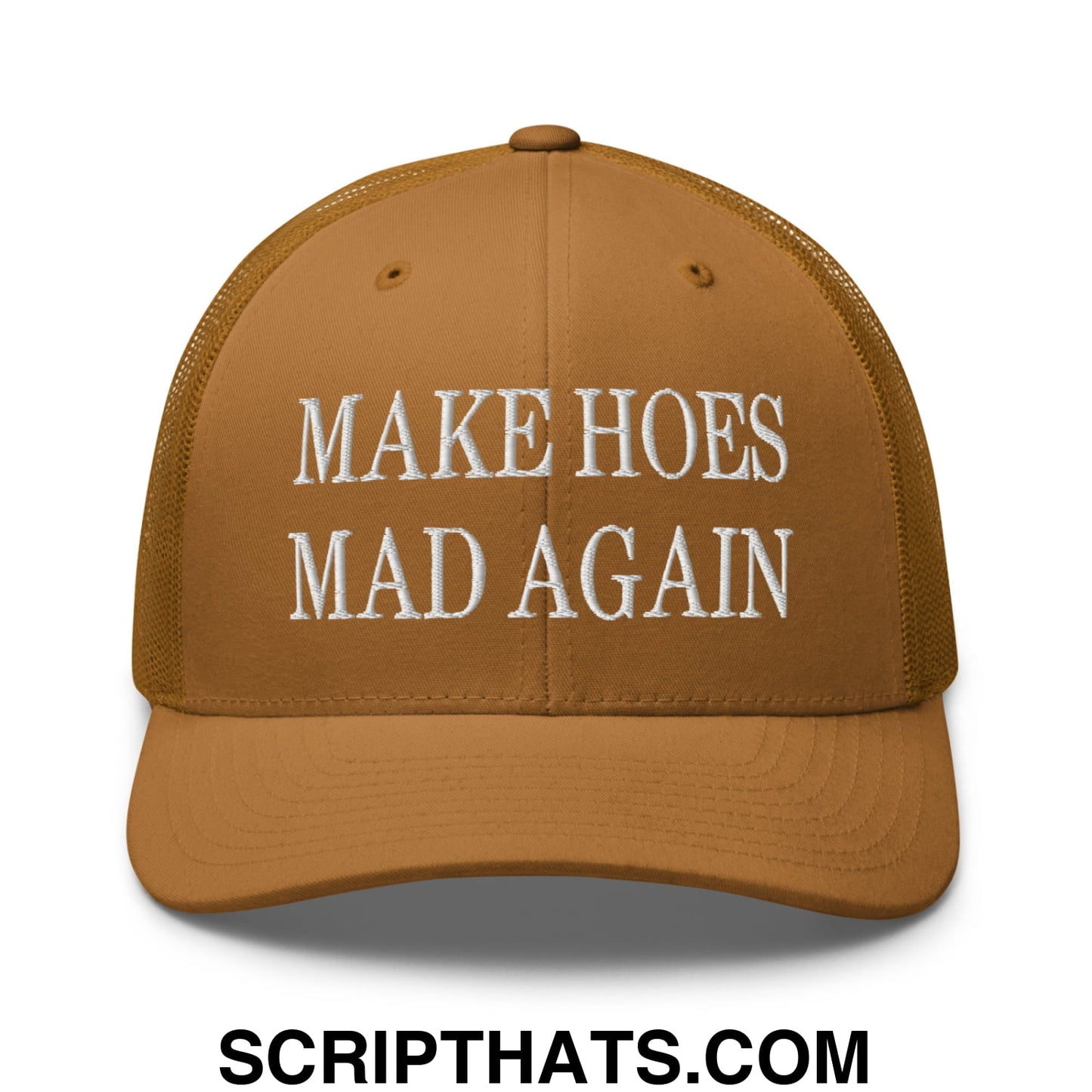 Tan embroidered mesh trucker hat with white make hoes mad again text embroidered on front panel