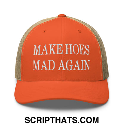 Orange and beige mesh trucker hat with white embroidered make hoes mad again text front panel design