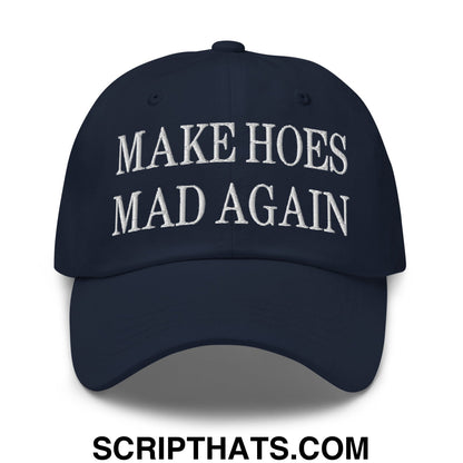 Navy blue unstructured dad hat with white embroidered make hoes mad again text for casual wear
