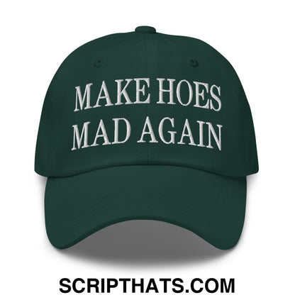 Dark green embroidered unstructured dad hat with white make hoes mad again text for casual wear