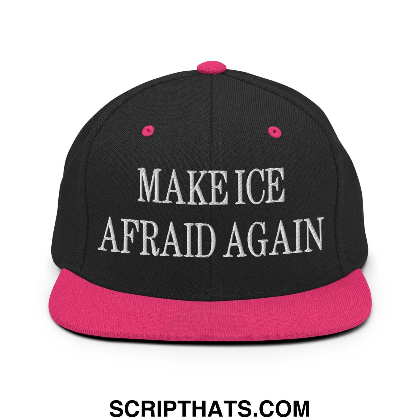 Black snapback cap with vibrant pink flat bill and white embroidered text make ice afraid again on front