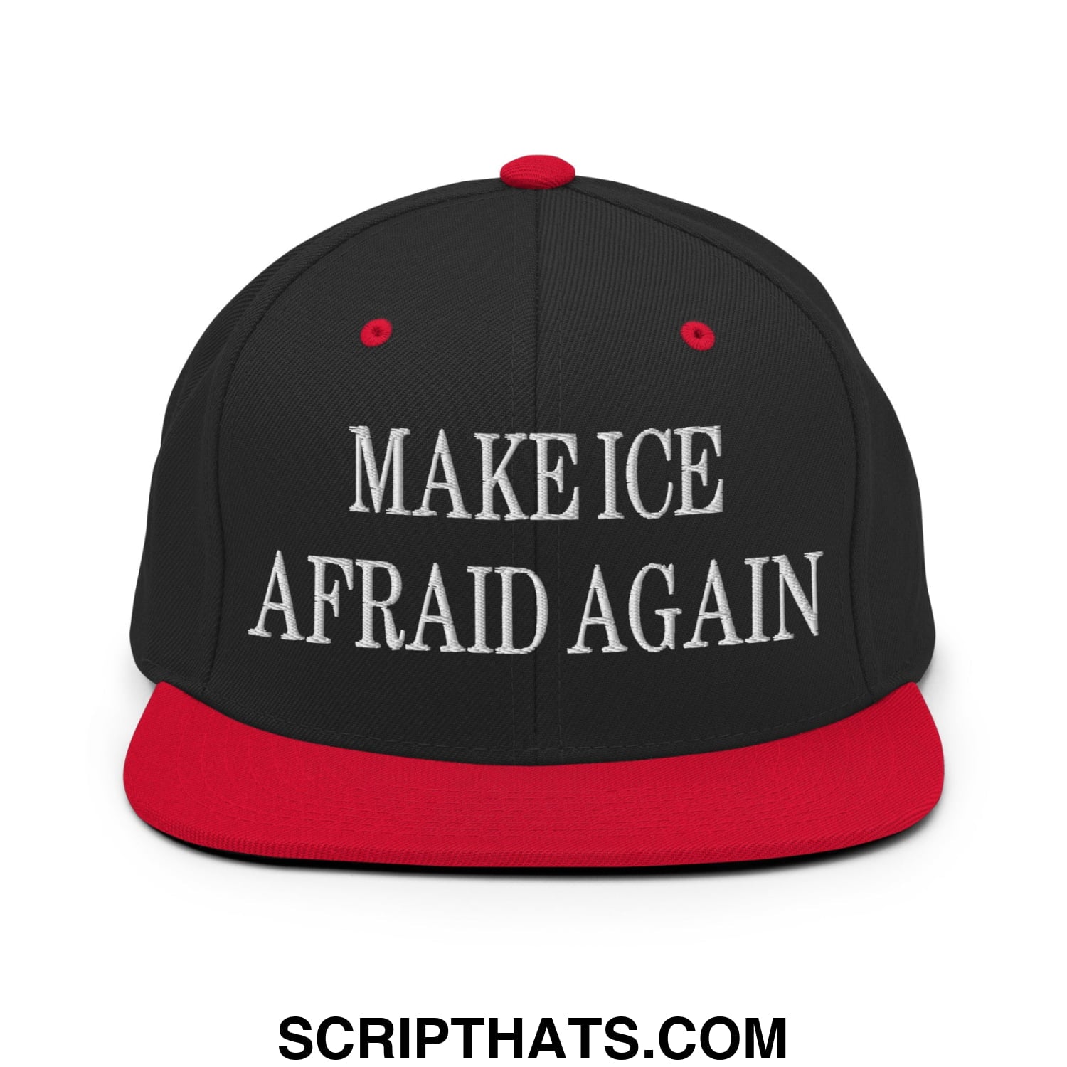 Black snapback cap with red brim and button featuring white embroidered text make ice afraid again flat bill brim