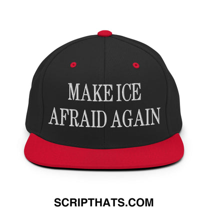 Black snapback cap with red brim and button featuring white embroidered text make ice afraid again flat bill brim