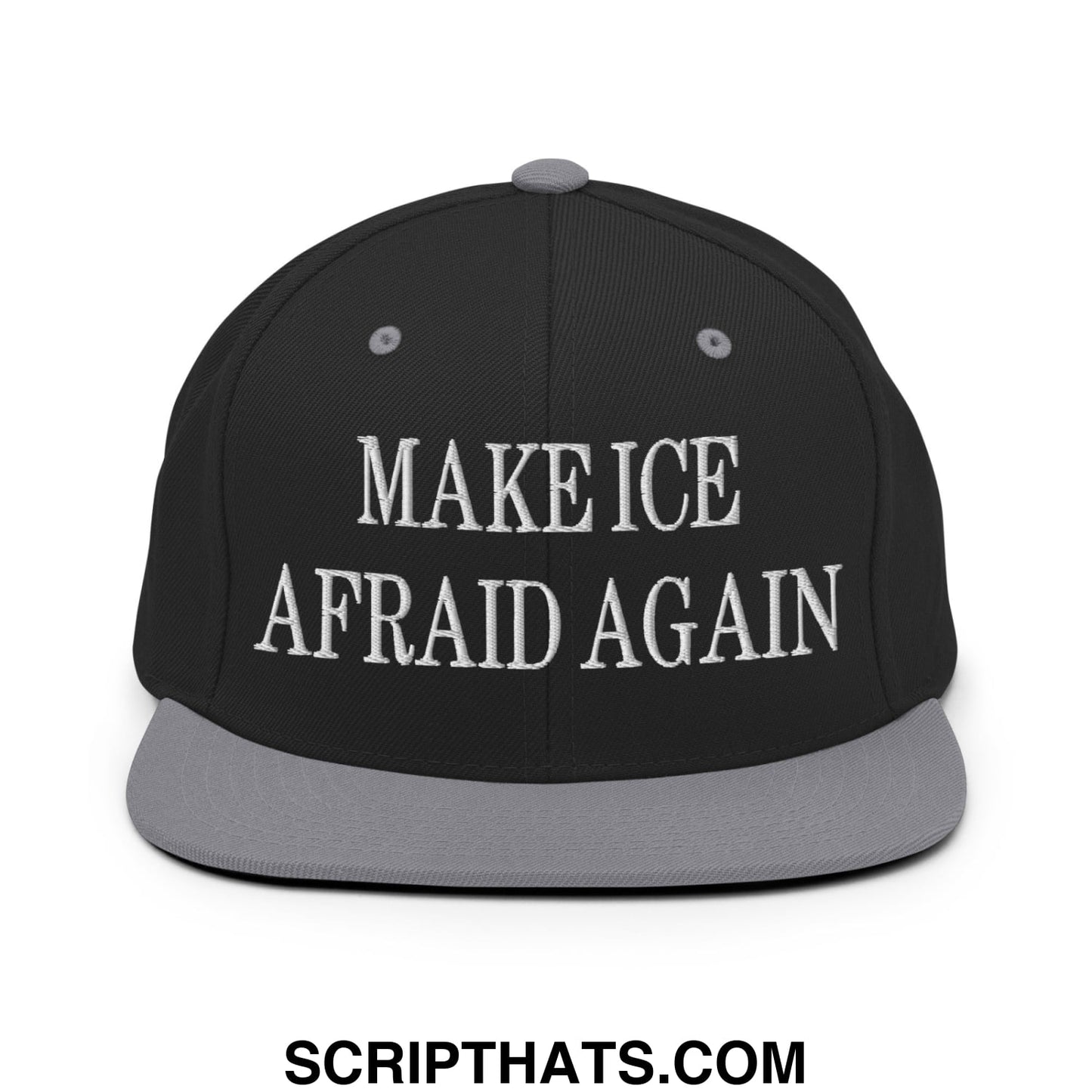 Black snapback hat with gray brim and white embroidered text make ice afraid again flat bill brim design