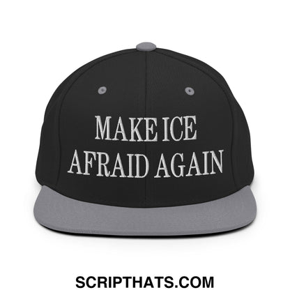 Black snapback hat with gray brim and white embroidered text make ice afraid again flat bill brim design
