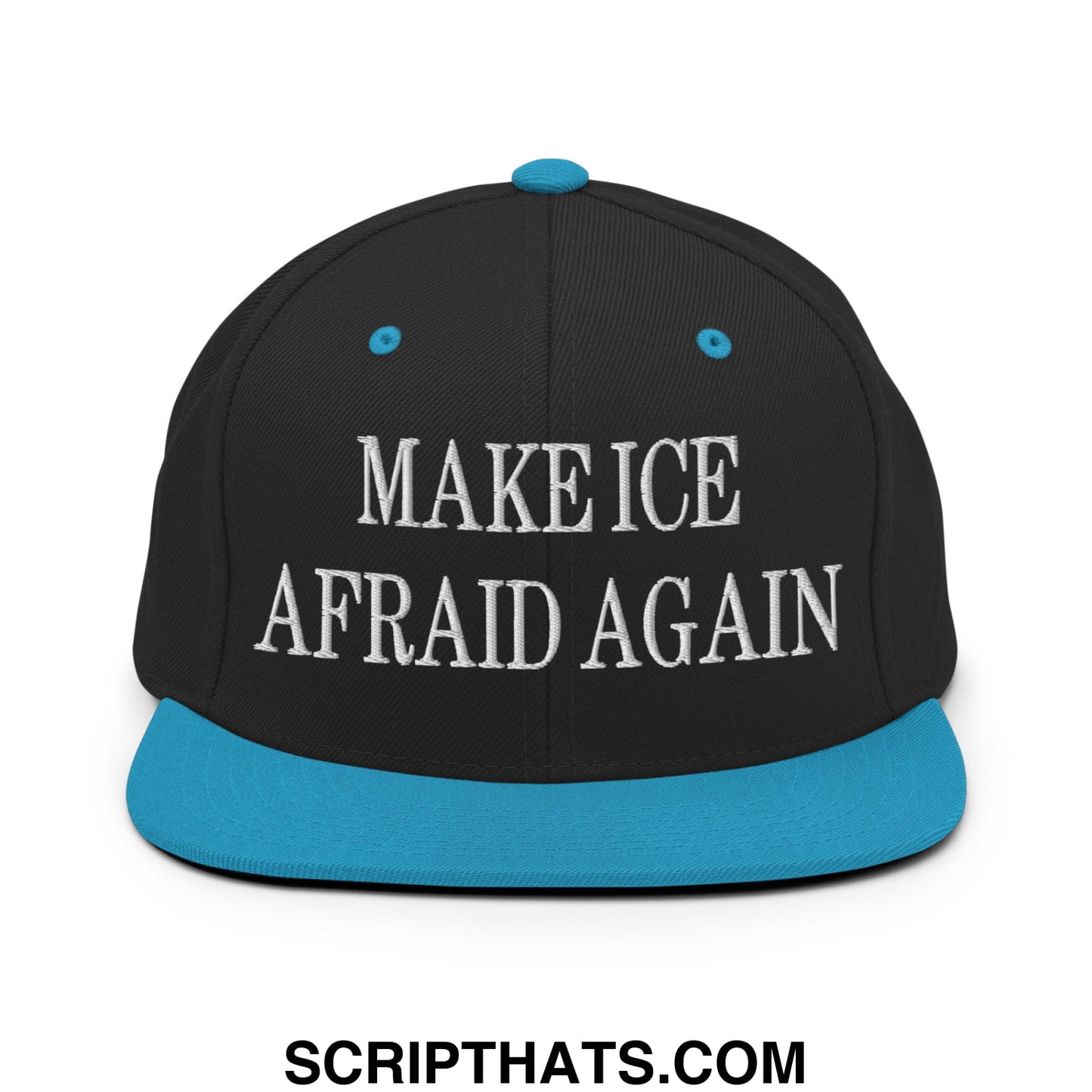 Black snapback cap with teal brim and button featuring white embroidered make ice afraid again text