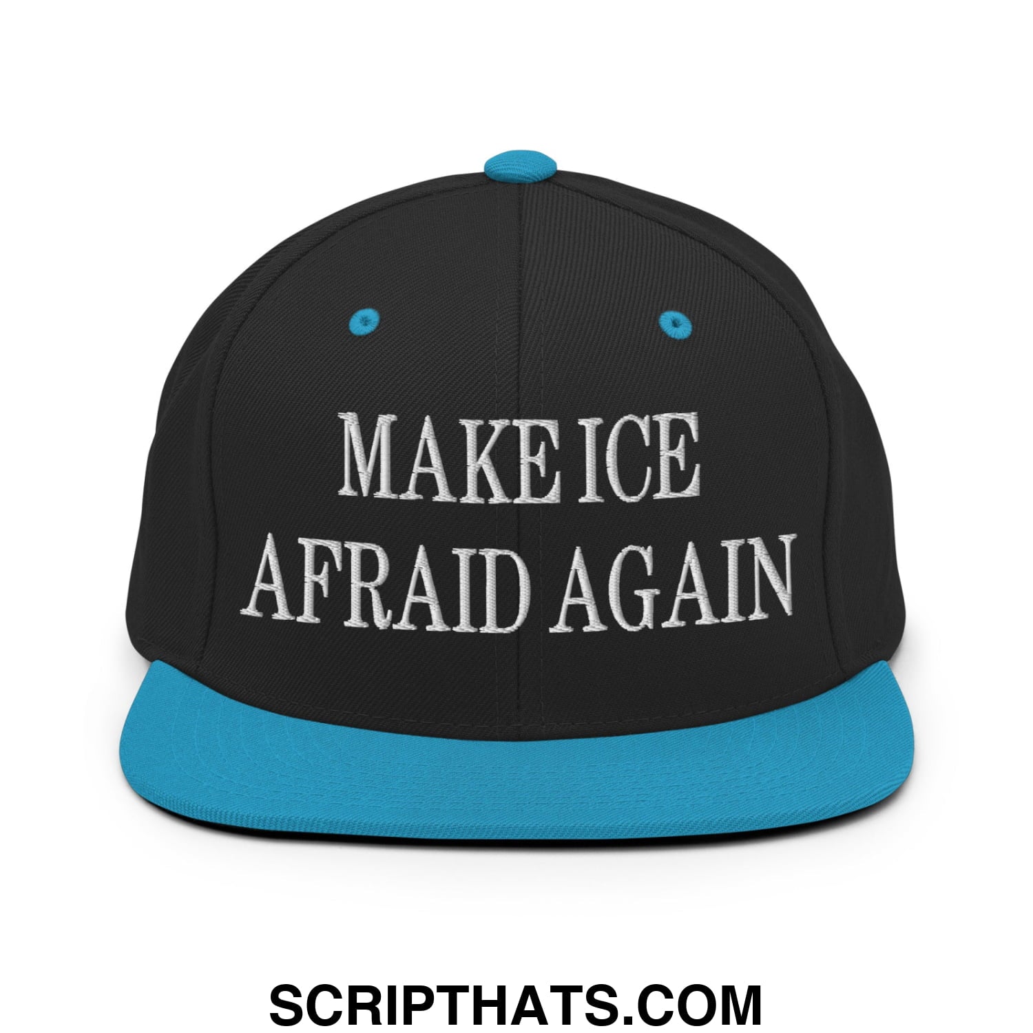 Black snapback cap with teal brim and button featuring white embroidered make ice afraid again text