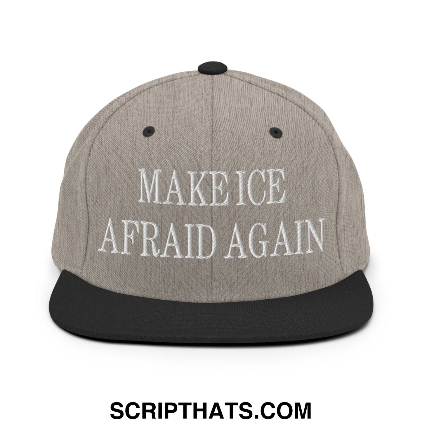 Gray snapback hat with black flat bill brim and embroidered white text make ice afraid again on front panel