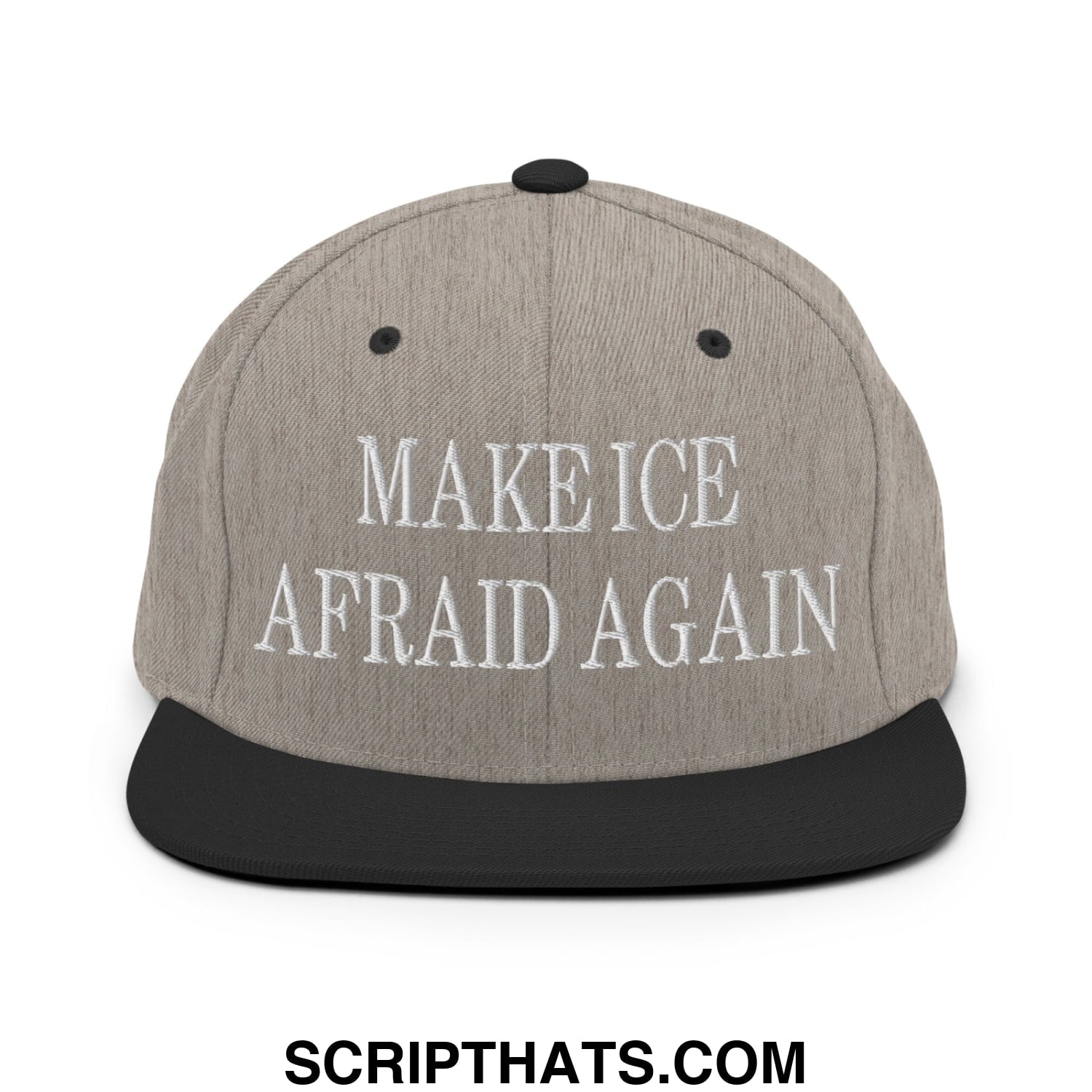 Gray snapback hat with black flat bill brim and embroidered white text make ice afraid again on front panel