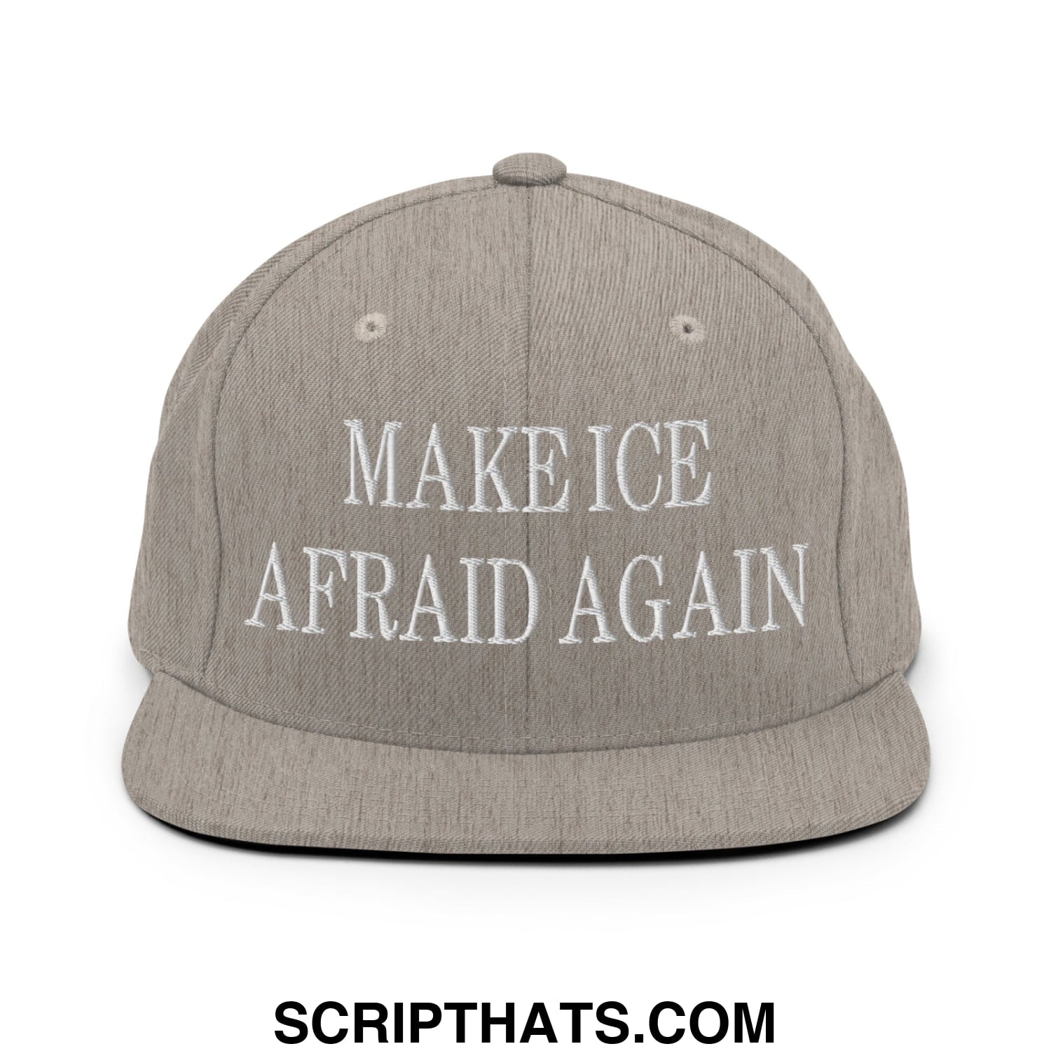 Gray snapback hat with white embroidered make ice afraid again text and flat bill brim design