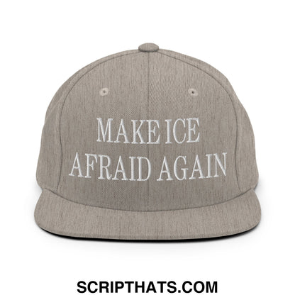 Gray snapback hat with white embroidered make ice afraid again text and flat bill brim design
