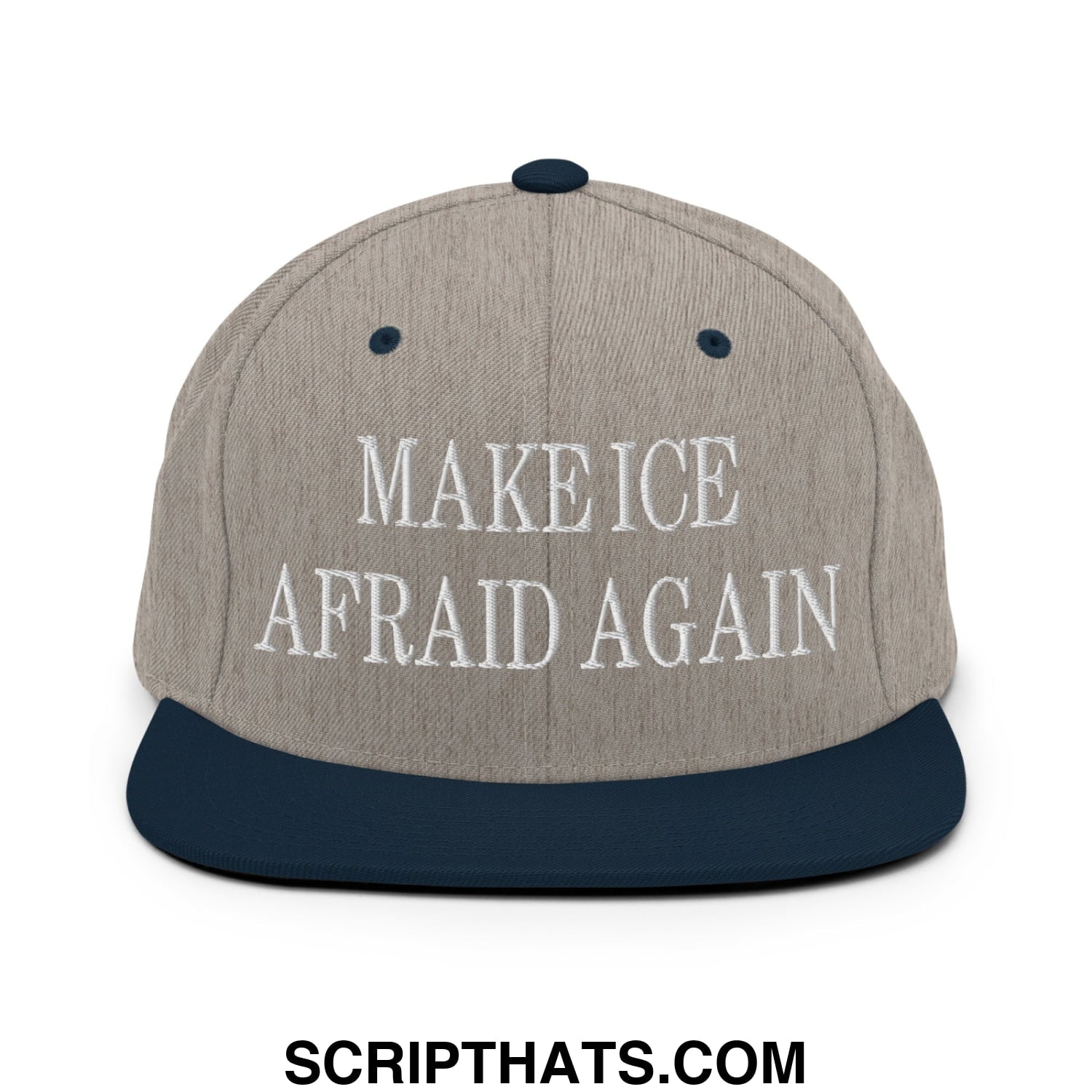 A gray and navy blue embroidered flat bill brim snapback hat with white text reading make ice afraid again