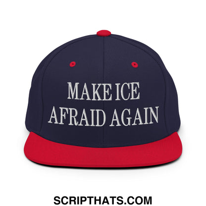 Navy blue and red snapback hat with white embroidered text make ice afraid again and a flat bill brim design