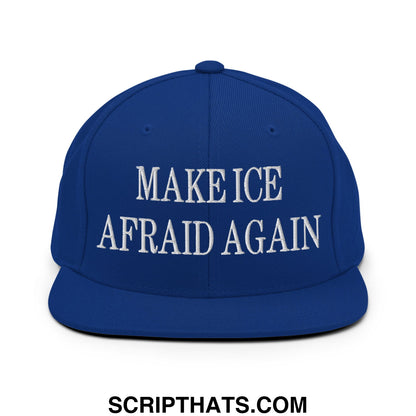 Royal blue snapback hat with white embroidered make ice afraid again text and flat bill brim design
