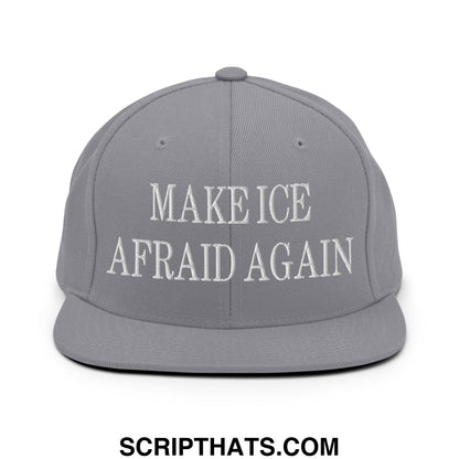 Gray snapback cap with white embroidered make ice afraid again text on flat bill brim for casual wear