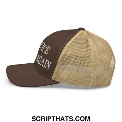 Brown and tan mesh trucker hat with trumpice again embroidered in white on front panel for make ice afraid again