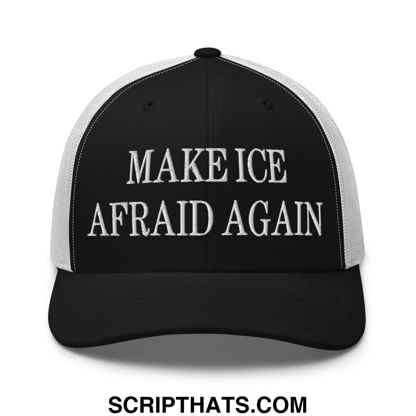 Black and white mesh trucker hat with embroidered make ice afraid again text in bold capital font