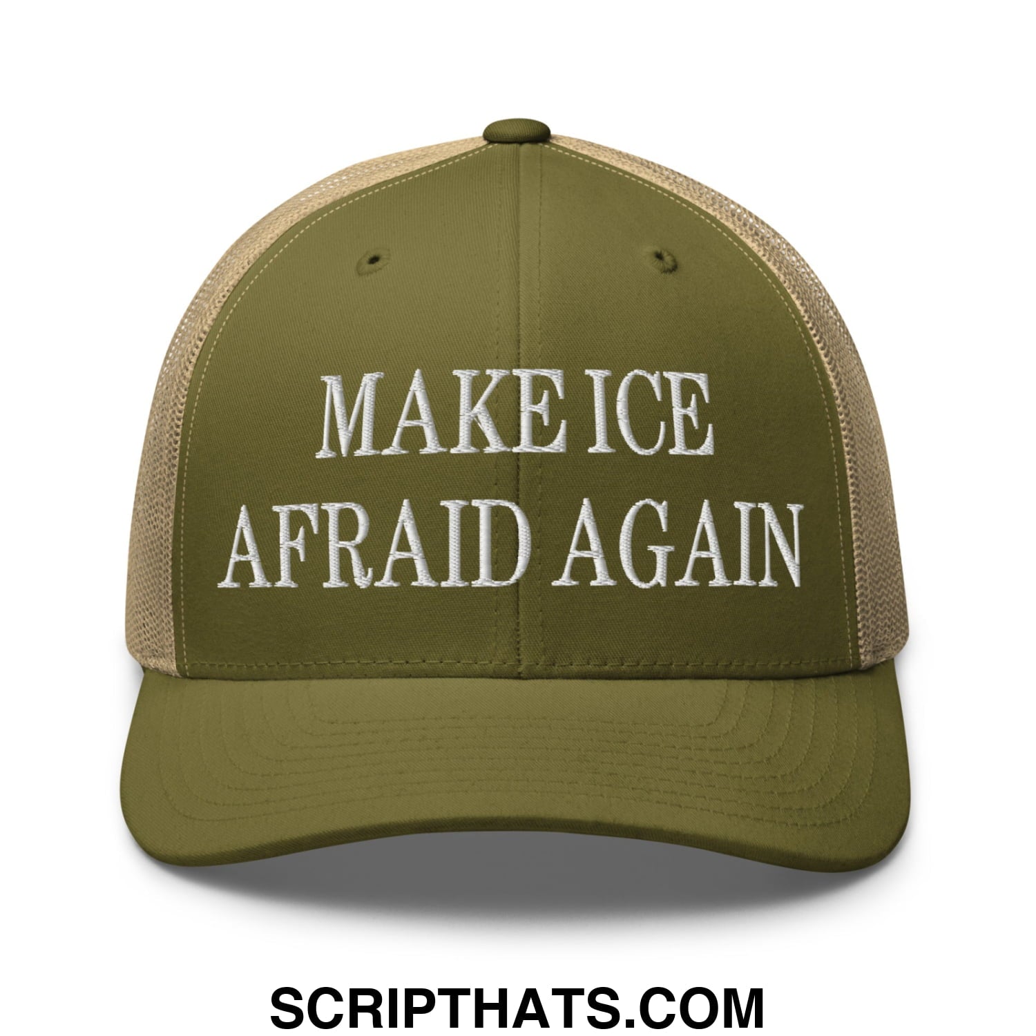 Olive green and tan mesh trucker hat with white embroidered make ice afraid again text on front panel