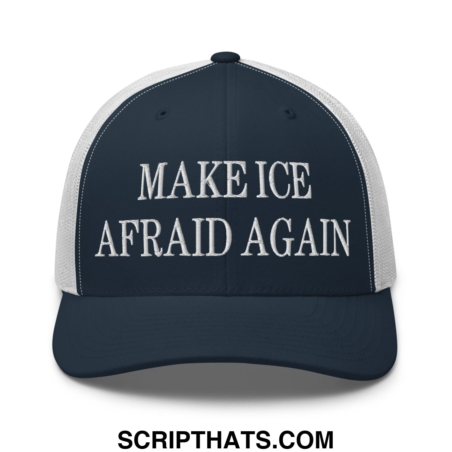 Navy blue and white mesh trucker hat with embroidered text make ice afraid again in bold font