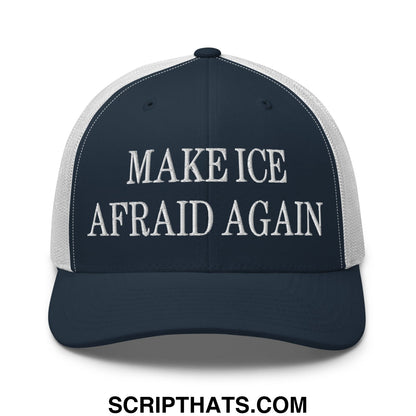 Navy blue and white mesh trucker hat with embroidered text make ice afraid again in bold font