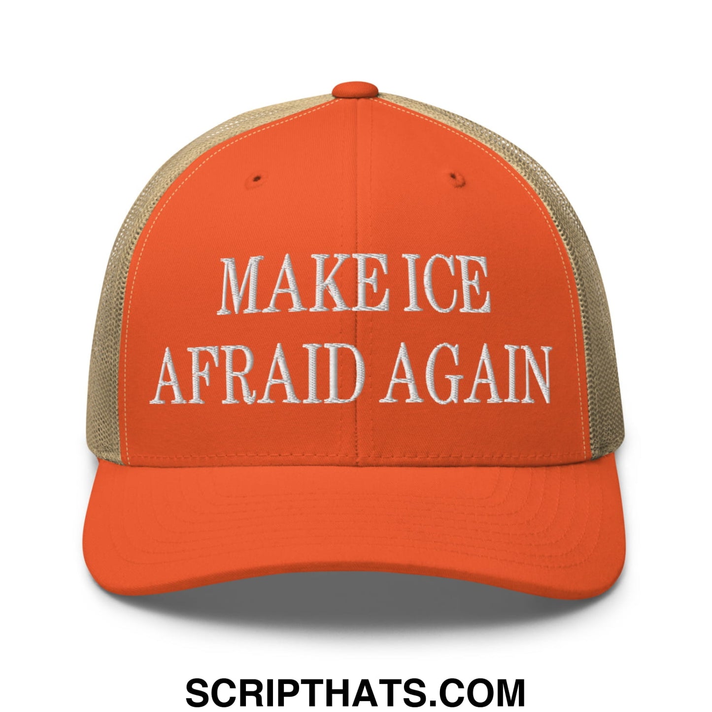 Make Ice Afraid Again embroidered orange and beige mesh trucker hat with white text and adjustable back closure