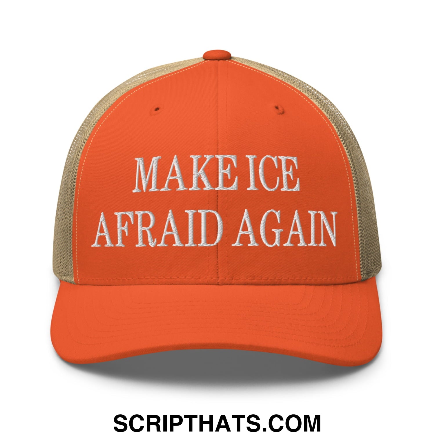 Make Ice Afraid Again embroidered orange and beige mesh trucker hat with white text and adjustable back closure