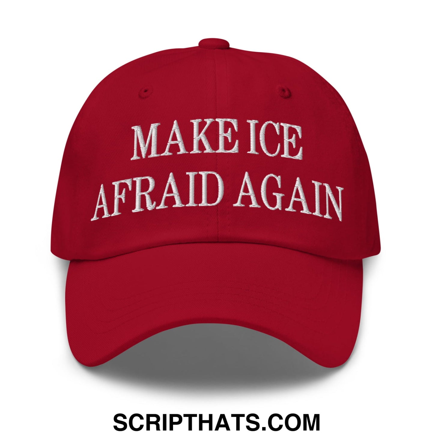Red embroidered make ice afraid again unstructured dad hat featuring white text in a baseball cap style