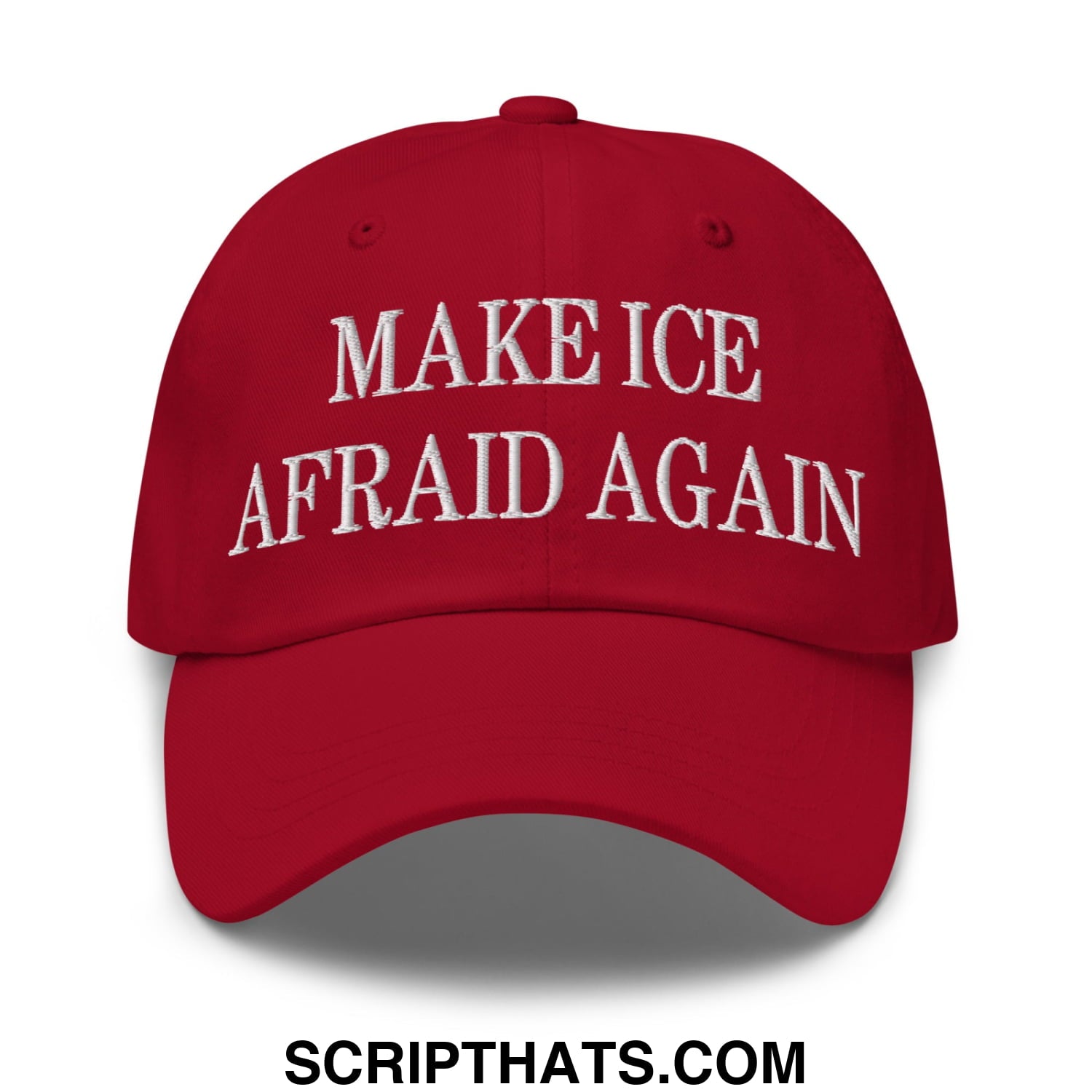 Red embroidered make ice afraid again unstructured dad hat featuring white text in a baseball cap style