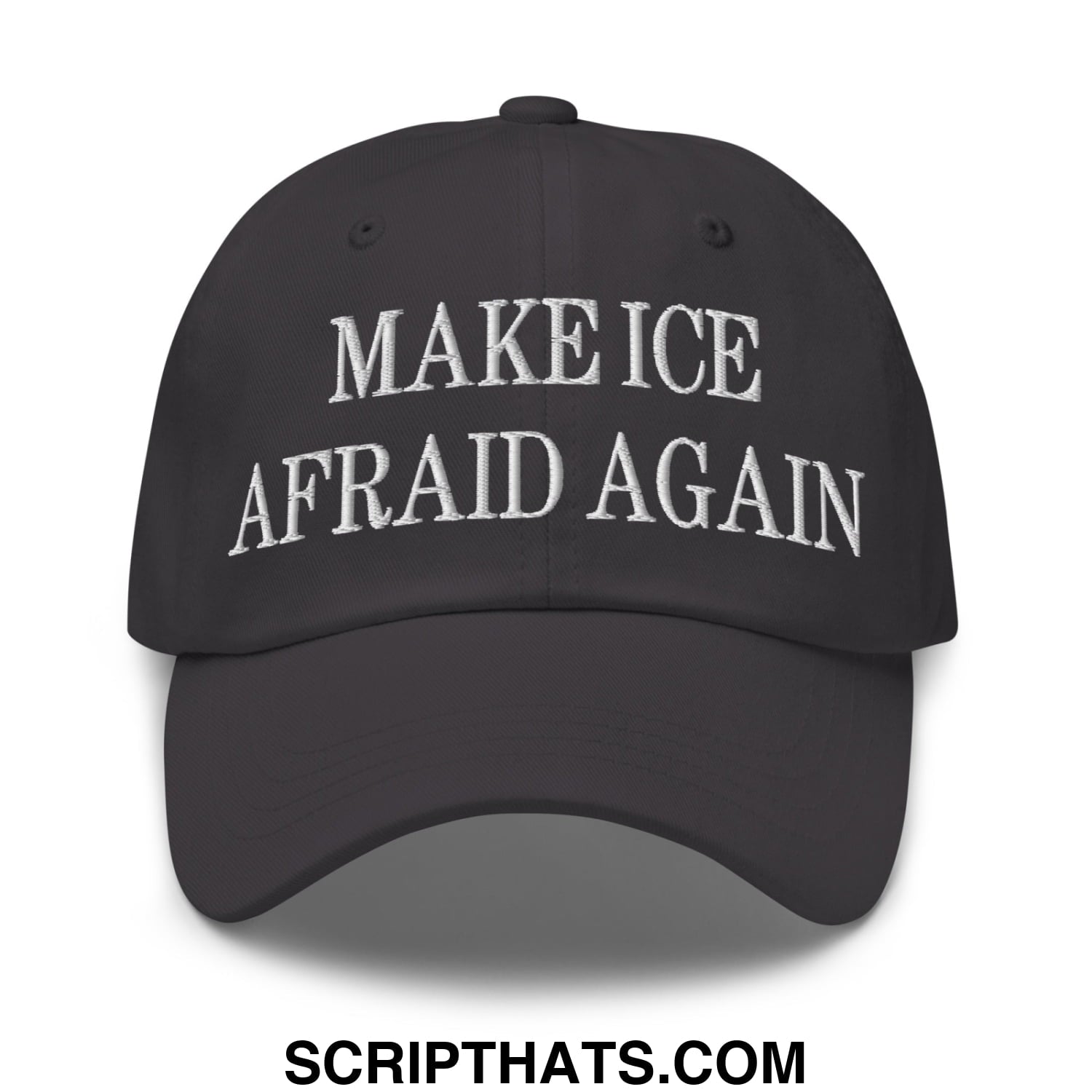 Black unstructured dad hat with white embroidered text reading make ice afraid again for casual wear