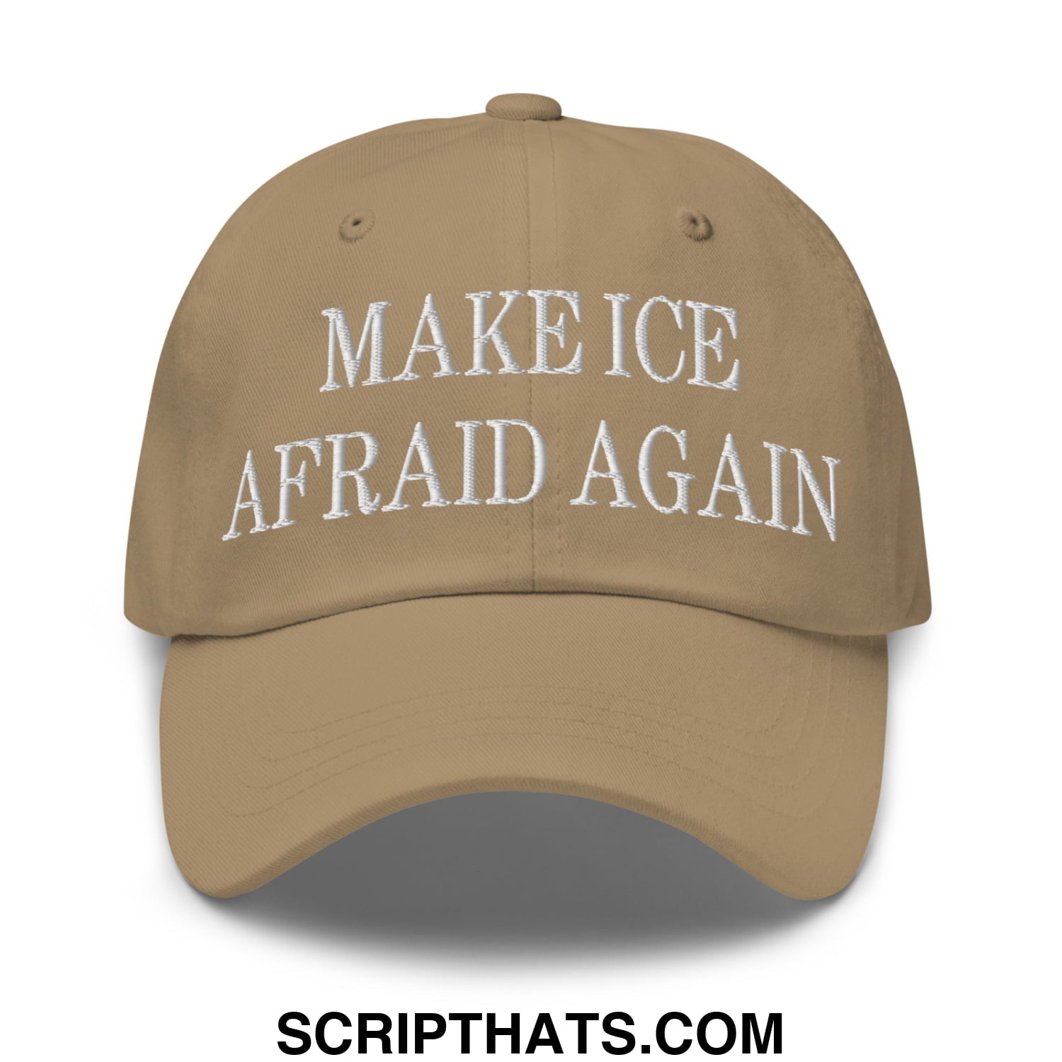 Tan unstructured dad hat with white embroidered make ice afraid again text perfect for casual wear