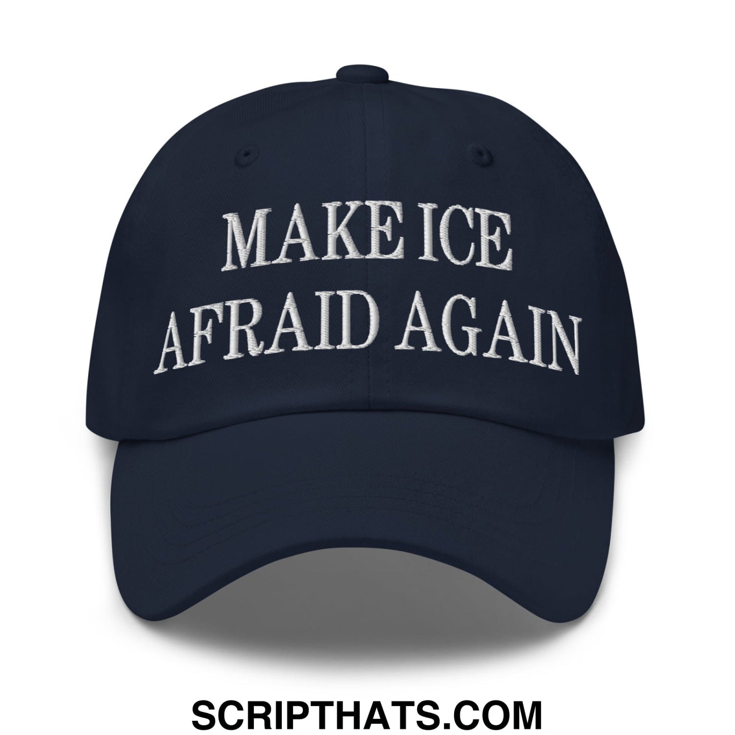 Navy blue unstructured dad hat with white embroidered text make ice afraid again for casual wear