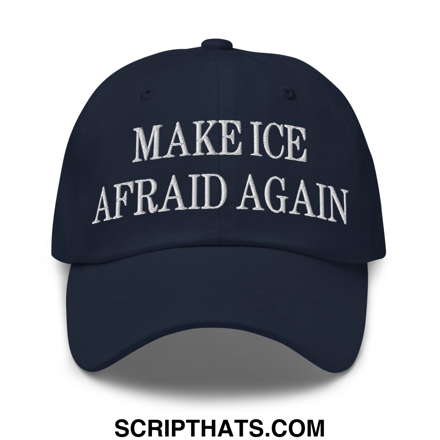 Navy blue unstructured dad hat with white embroidered text make ice afraid again for casual wear