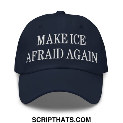 Navy blue unstructured dad hat with white embroidered text make ice afraid again for casual wear