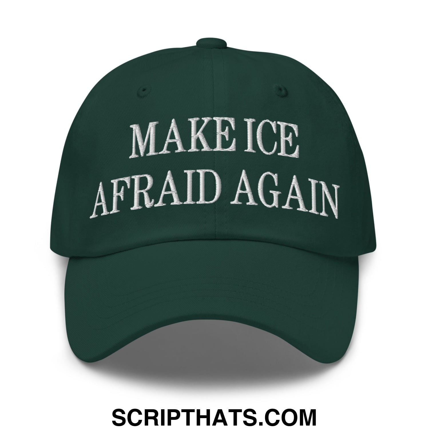 Dark green unstructured dad hat with white embroidered make ice afraid again text for casual wear