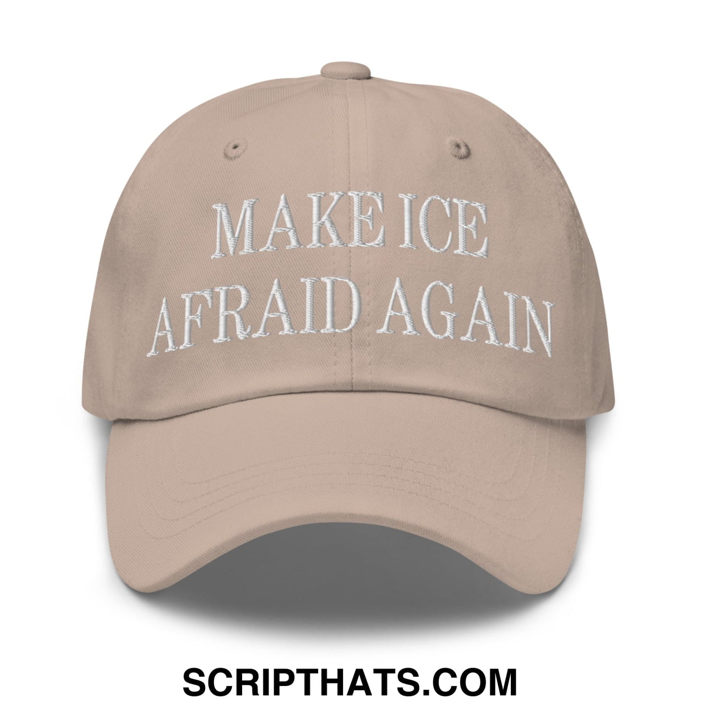 Beige embroidered unstructured dad hat with white text make ice afraid again for casual wear