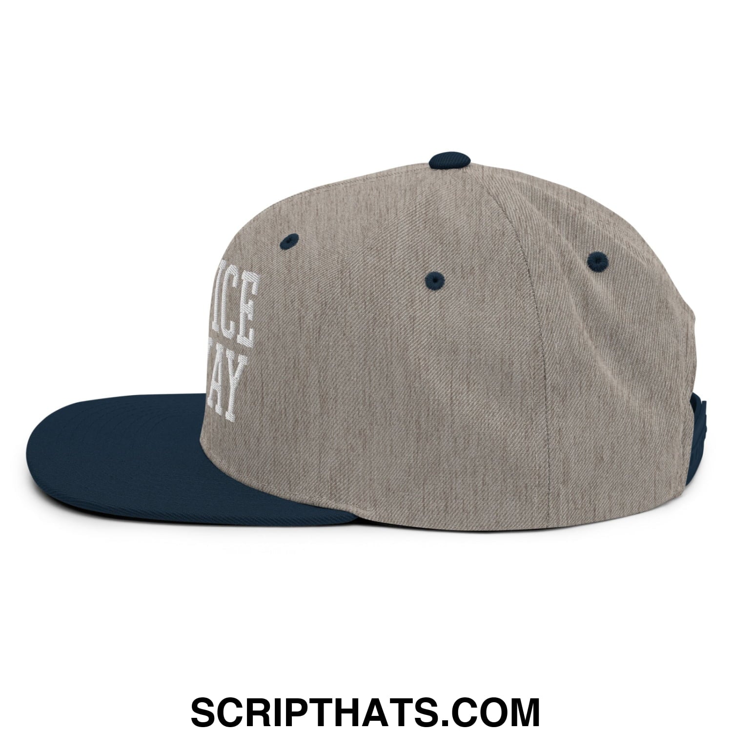 Gray and navy blue snapback cap with white embroidered make ice go away text on the side and flat bill brim