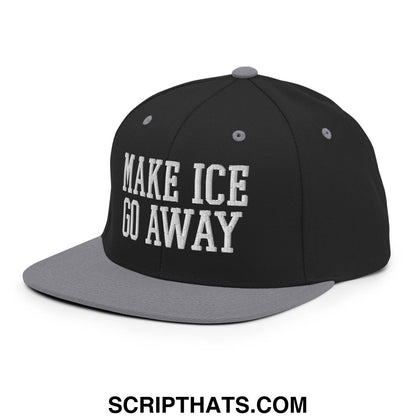Black and gray snapback hat with white embroidered text make ice go away flat bill brim cap