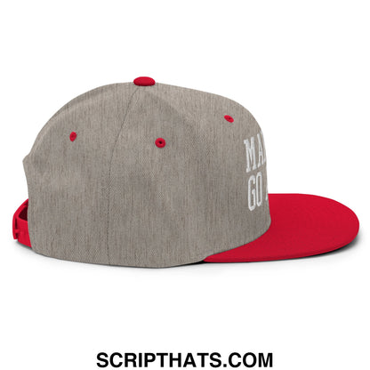 Gray and red snapback cap with white embroidered make ice go away text on the side and flat bill brim