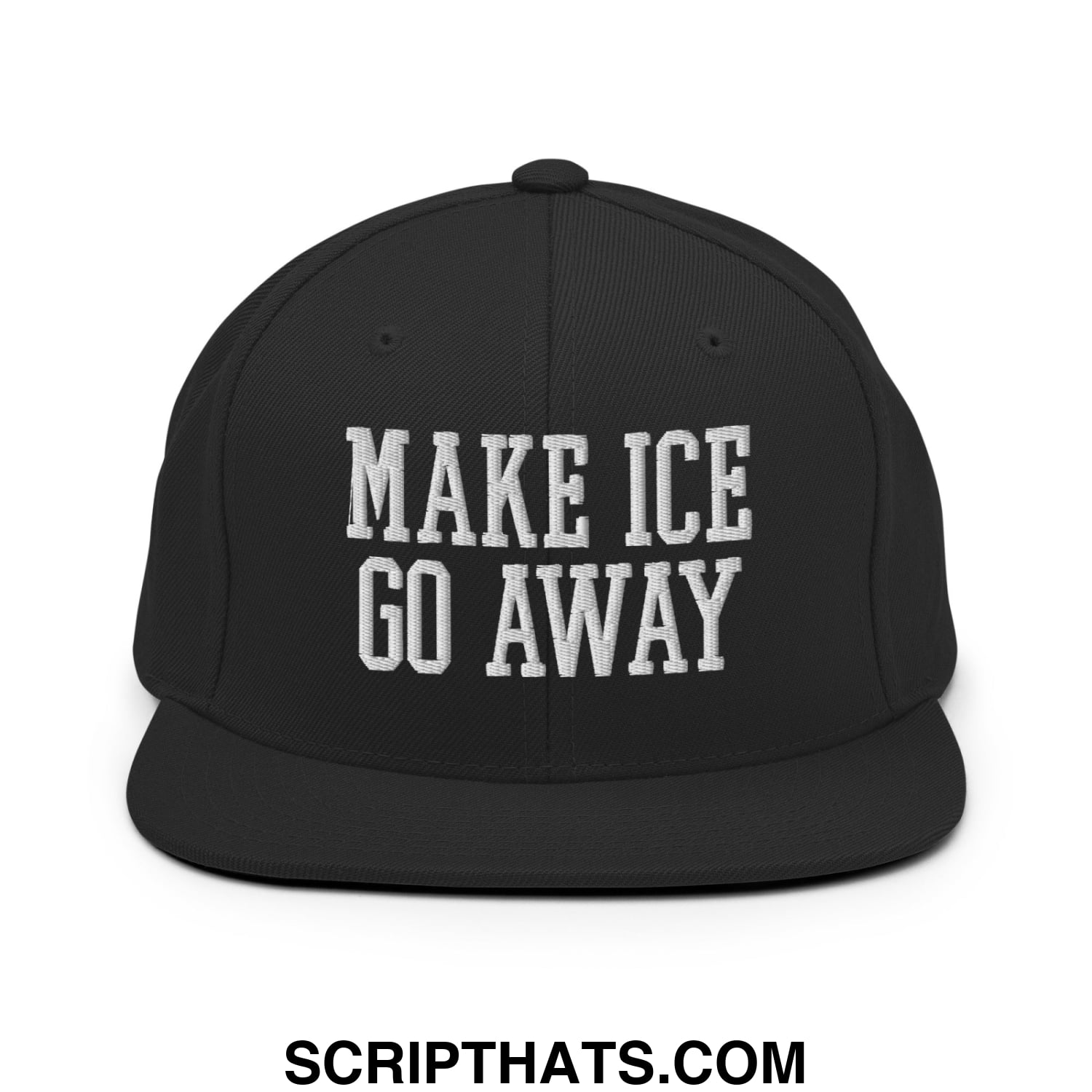 Black snapback cap with white embroidered make ice go away text and flat bill brim for casual wear