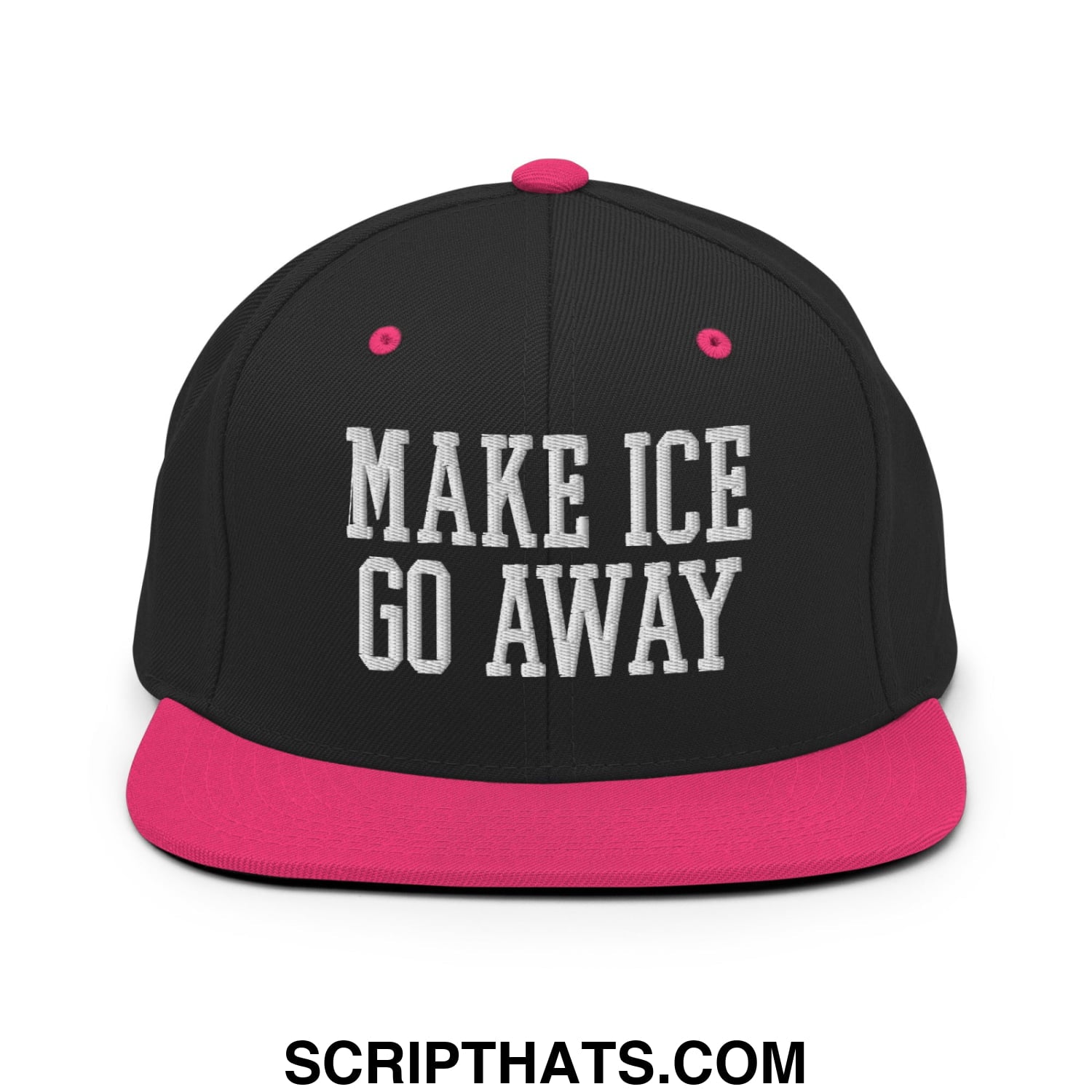 Black snapback cap with vibrant pink brim and button featuring white embroidered text make ice go away
